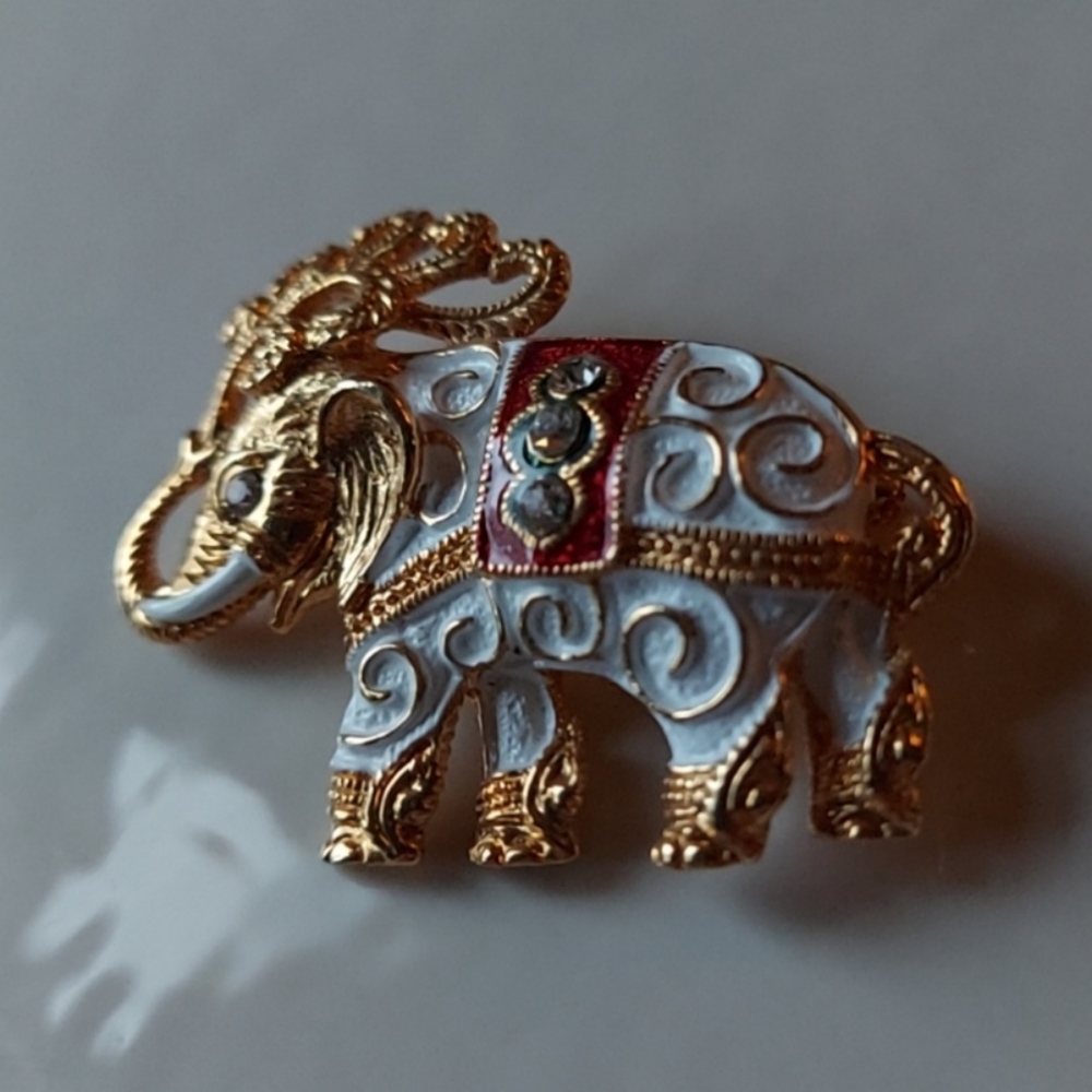 Cloisonne White w Gold Elephant Brooch Pin Free Gift Bag 2x2"